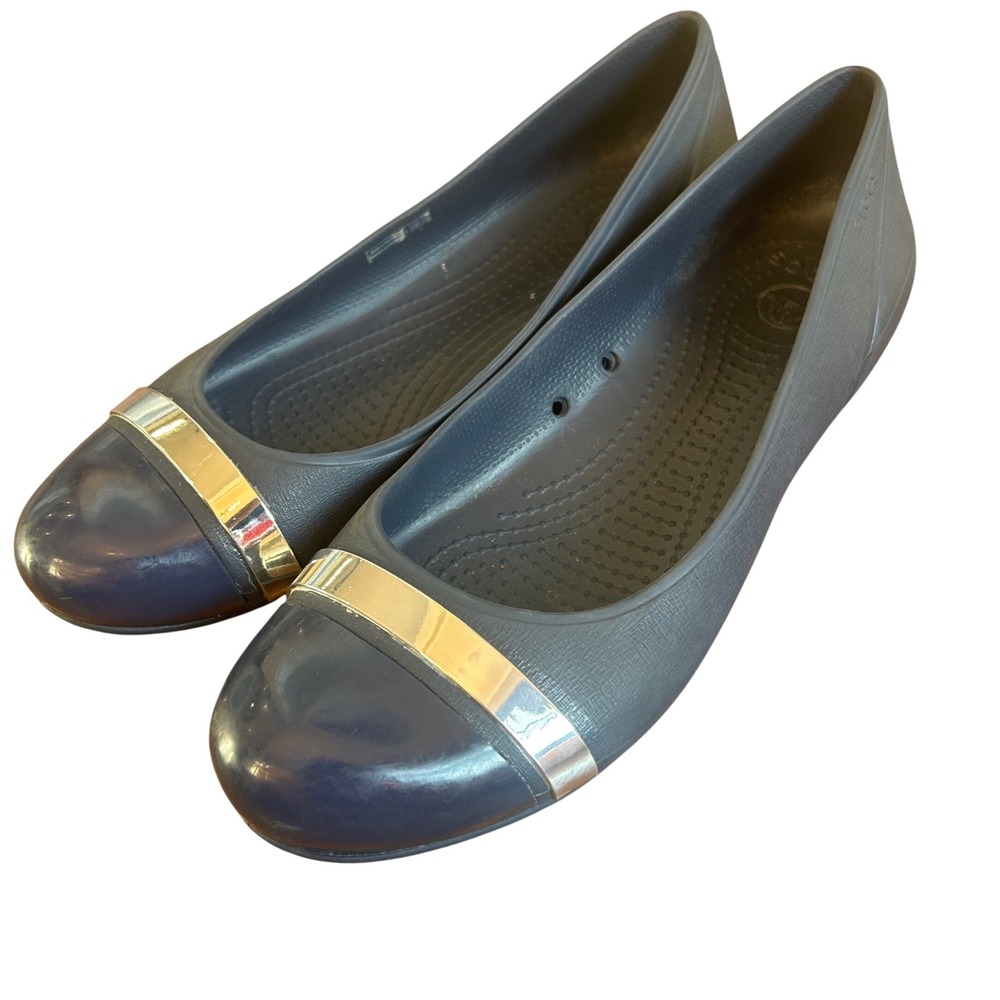 Crocs Cap Toe Flat Women Navy Blue Metallic Silver Accent Ballet Shoe Size 10